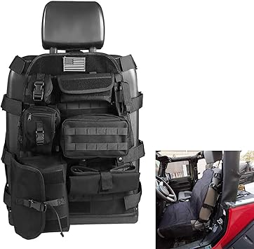 SUNPIE Black Upgrade Larger Seat Protector Tactical Seat Cover Universal Fit for Trucks Pickup SUV, Compatible with JL/JT, JK, TJ, Compatible with F150 Multi Pockets Molle Seat Back Organizer